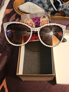 Kirks Folly Iridescent Rhinestone Cat-Eye Sunglasses - Black Lenses